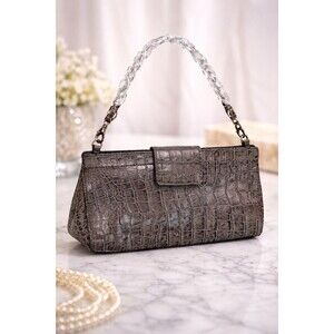 Judith Ripka Metallic Gold Embossed Leather Clutch Silver Hardware - Pre-Owned